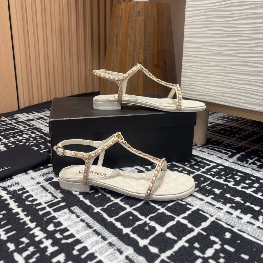 高仿Chanel*25C系列G46111C小羊皮平底涼鞋白色免檢版