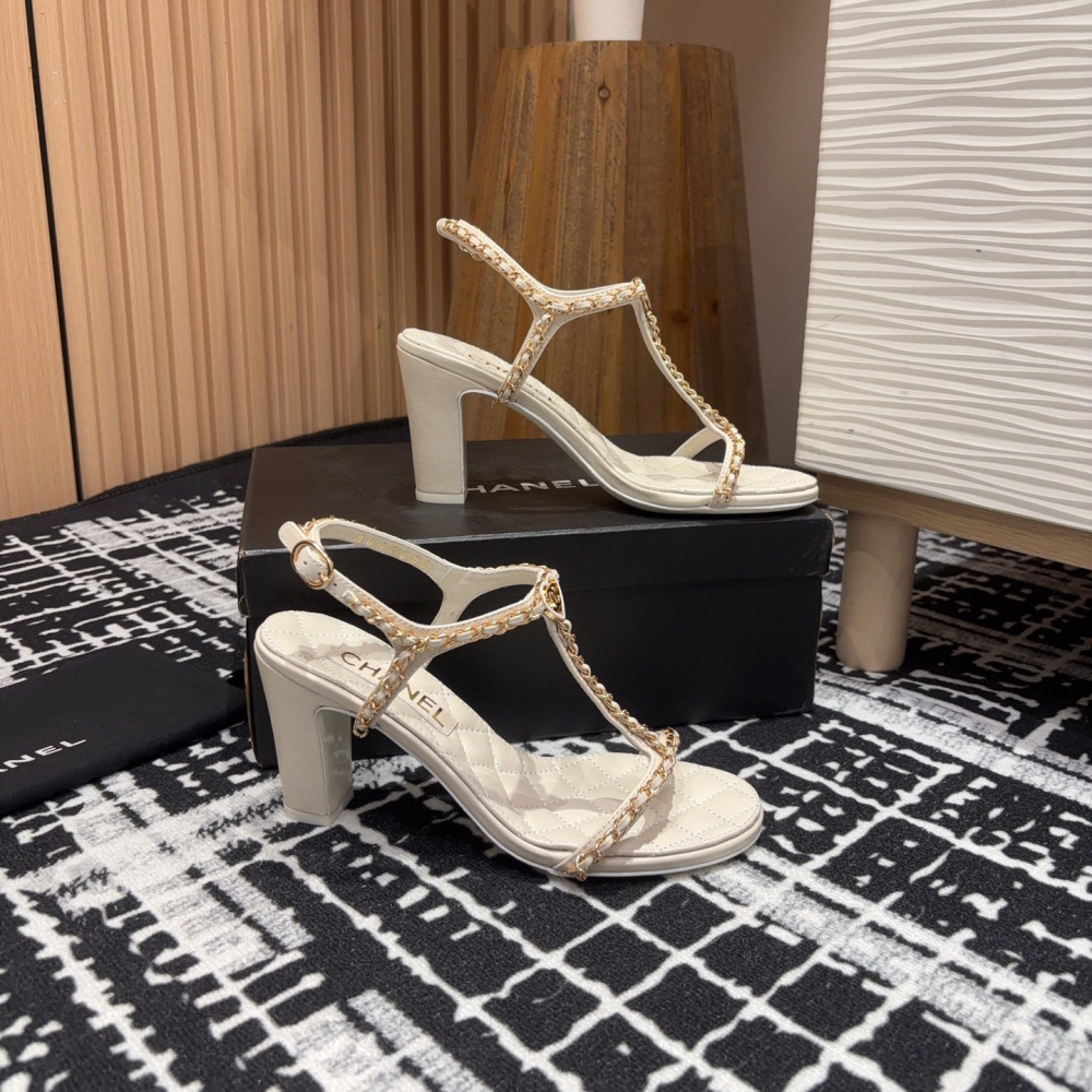高仿Chanel*25C系列G46109C小羊皮高踭涼鞋白色8.8CM免檢版