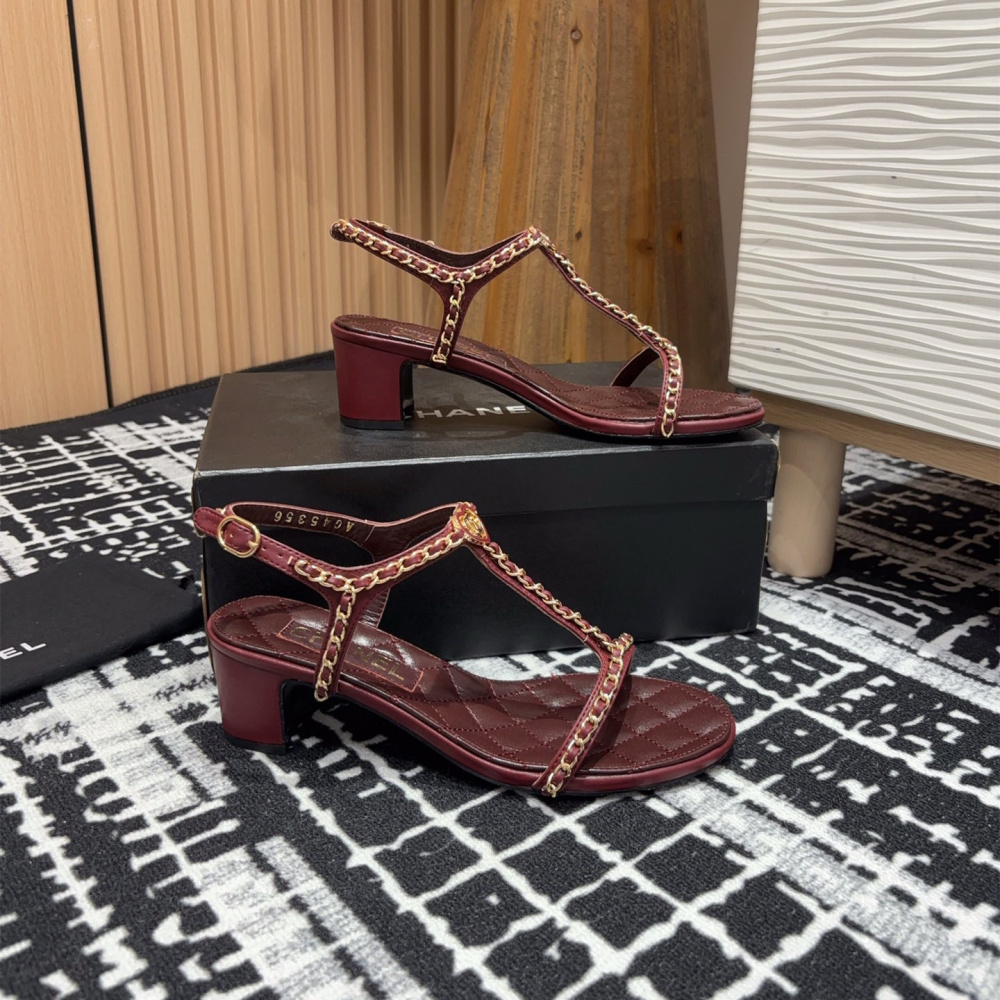 高仿Chanel*25C系列G36122A小羊皮中踭涼鞋紅色5CM免檢版