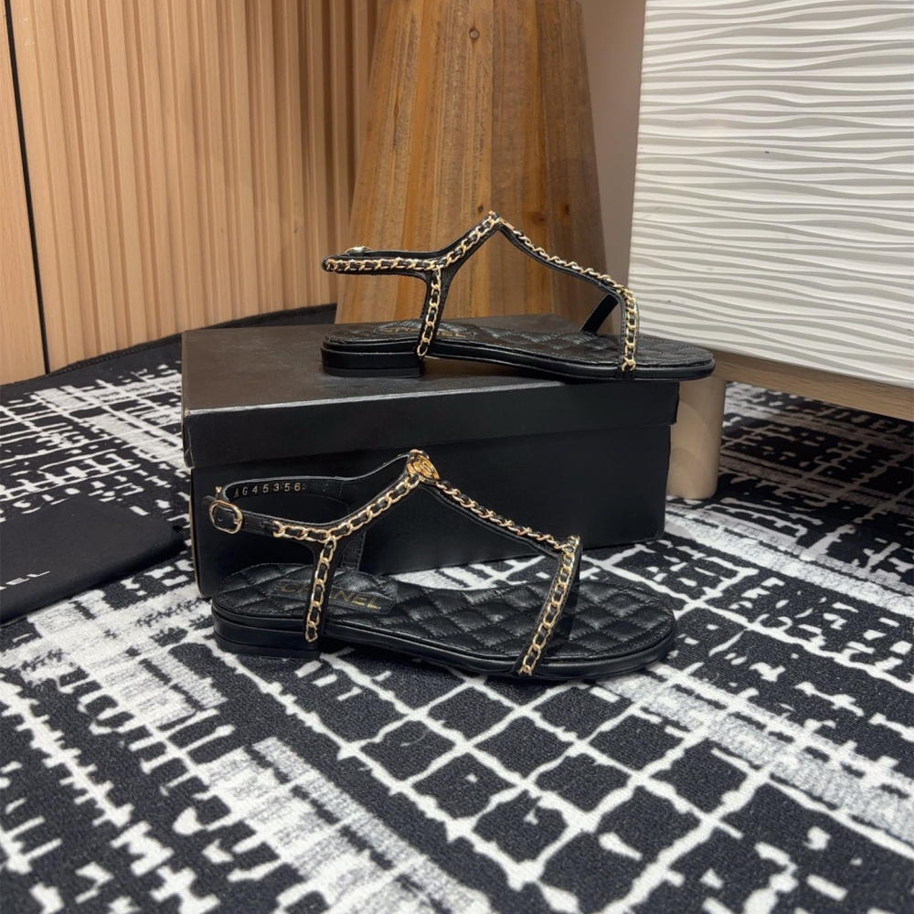 高仿Chanel*25C系列G46111X小羊皮平底涼鞋黑色5CM免檢版