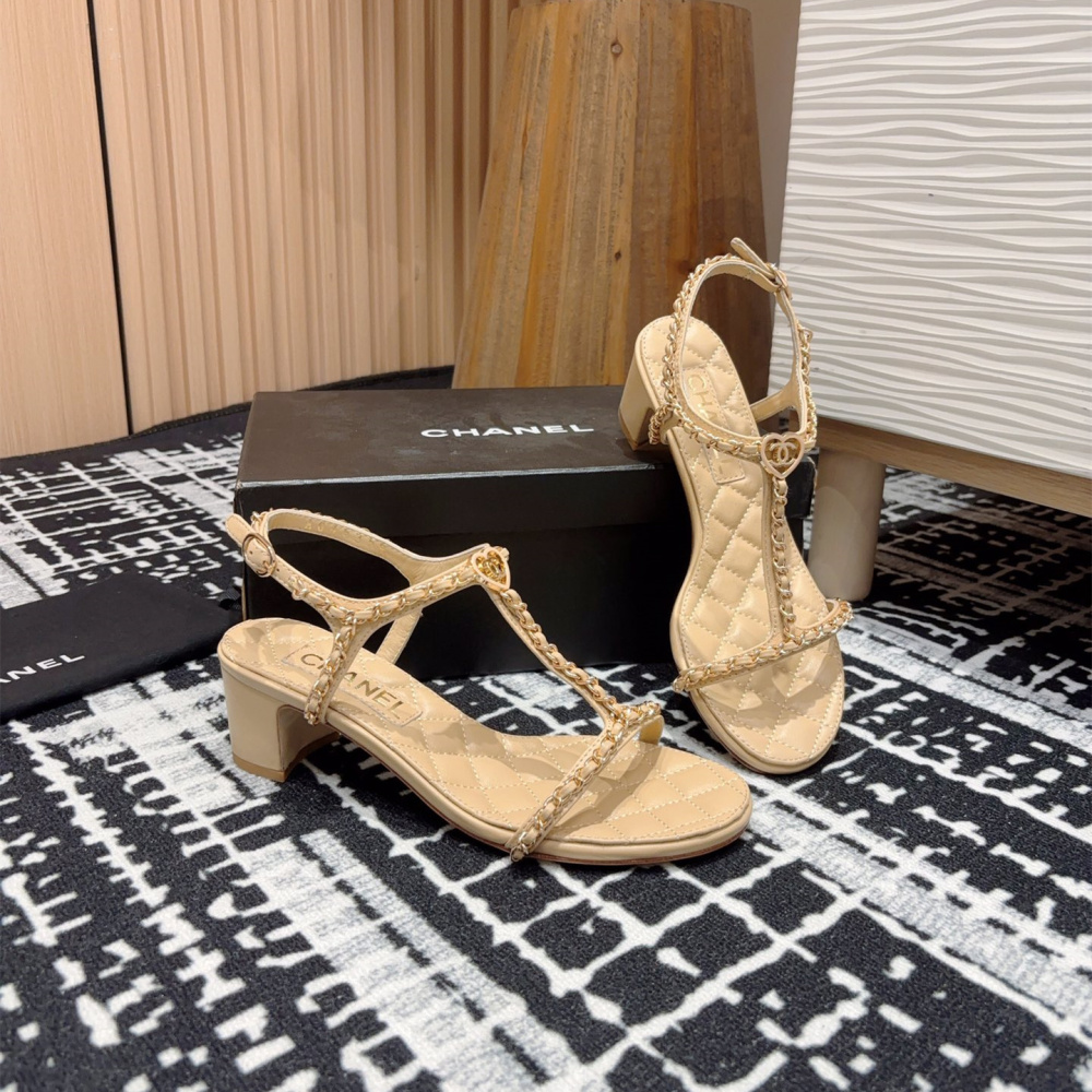 高仿Chanel*25C系列G36122B小羊皮中踭涼鞋米黃5CM免檢版