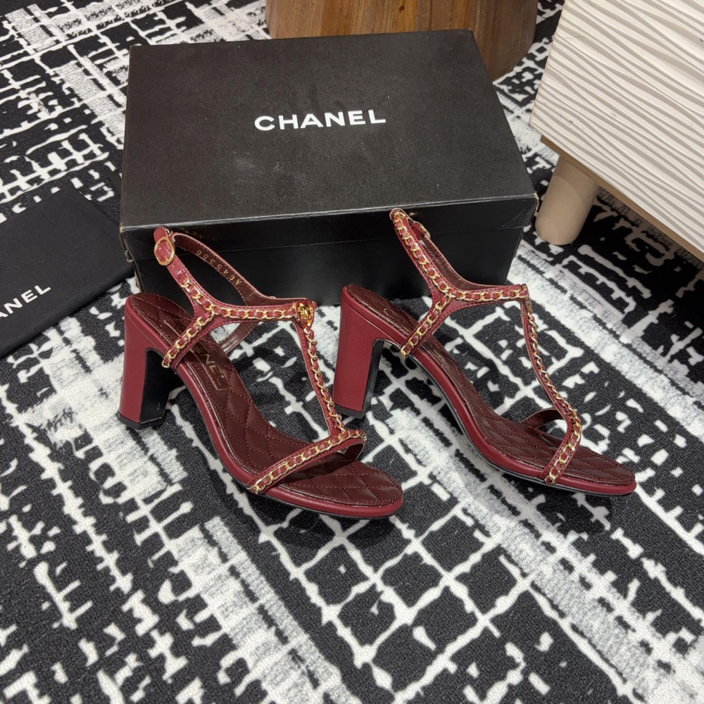 高仿Chanel*25C系列G46109A小羊皮高踭涼鞋紅色8.8CM免檢版