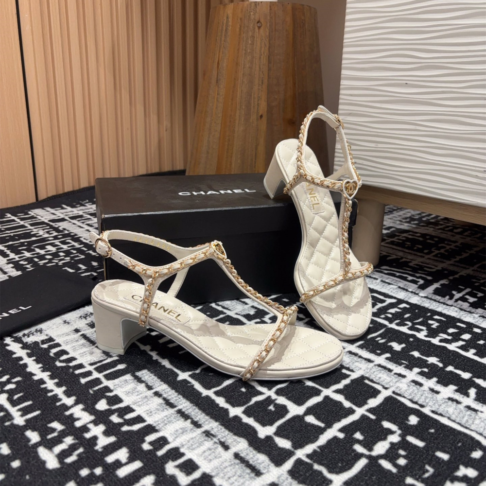 高仿Chanel*25C系列G36122C小羊皮中踭涼鞋白色5CM免檢版