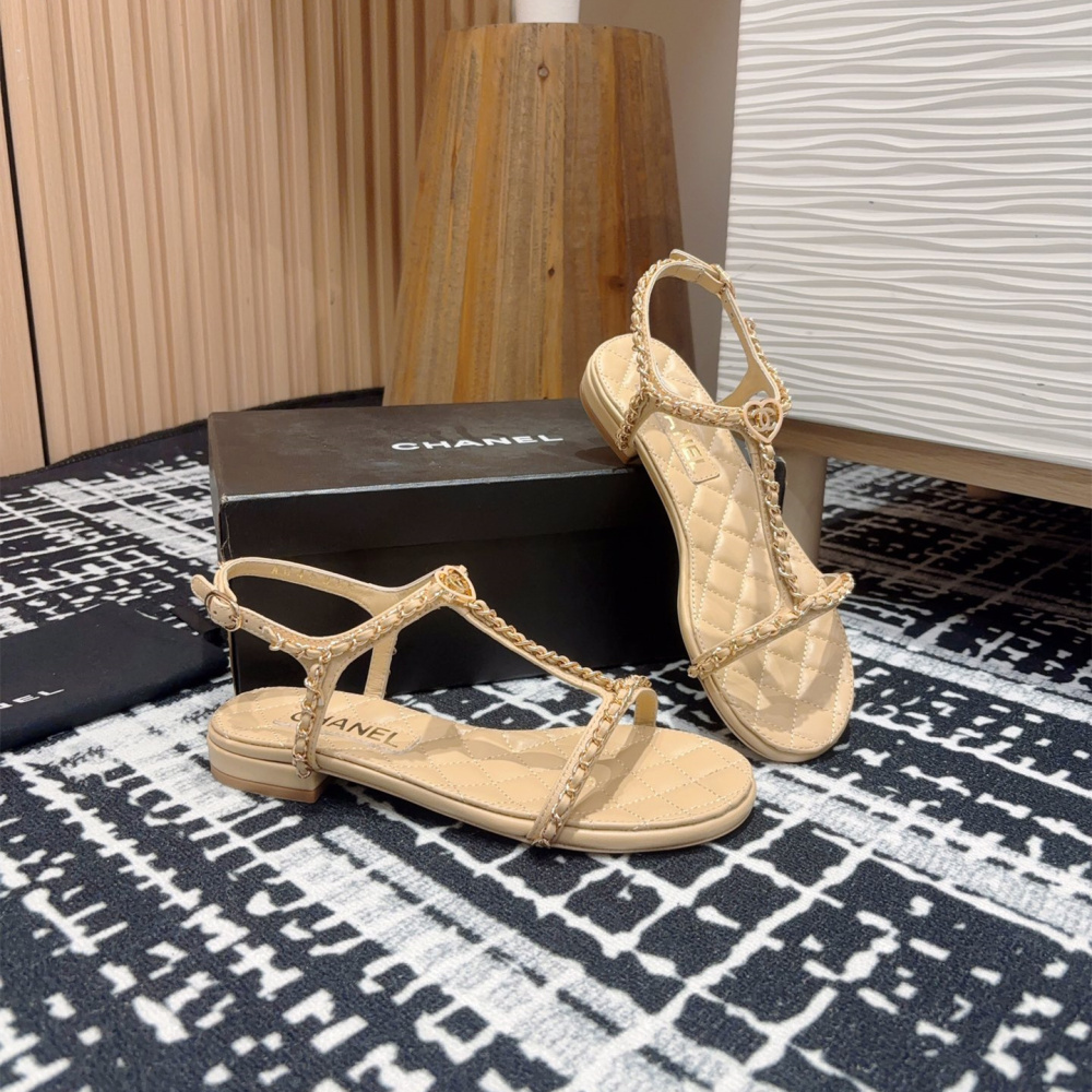 高仿Chanel*25C系列G46111B小羊皮平底涼鞋米黃免檢版