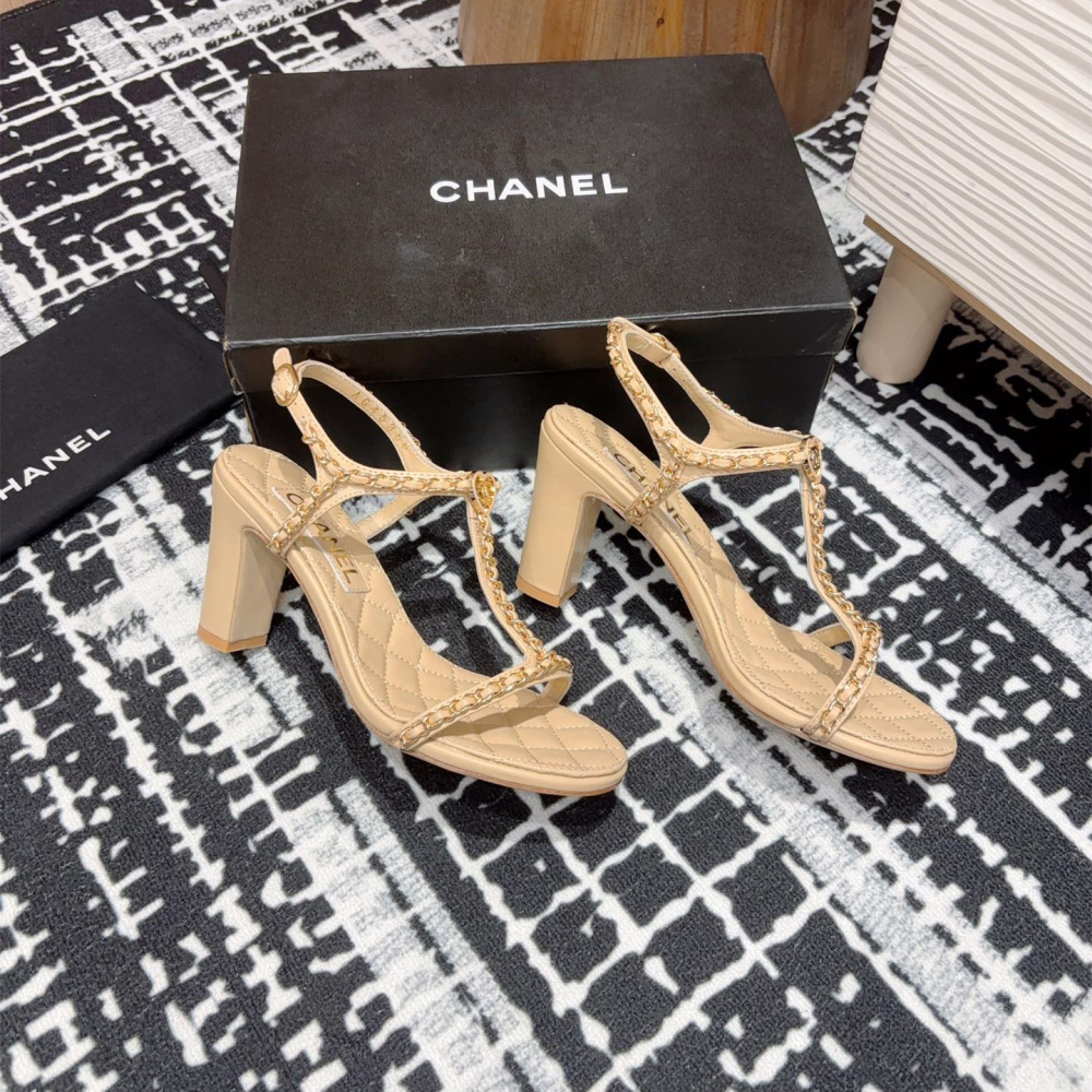 高仿Chanel*25C系列G46109B小羊皮高踭涼鞋米黃8.8CM免檢版
