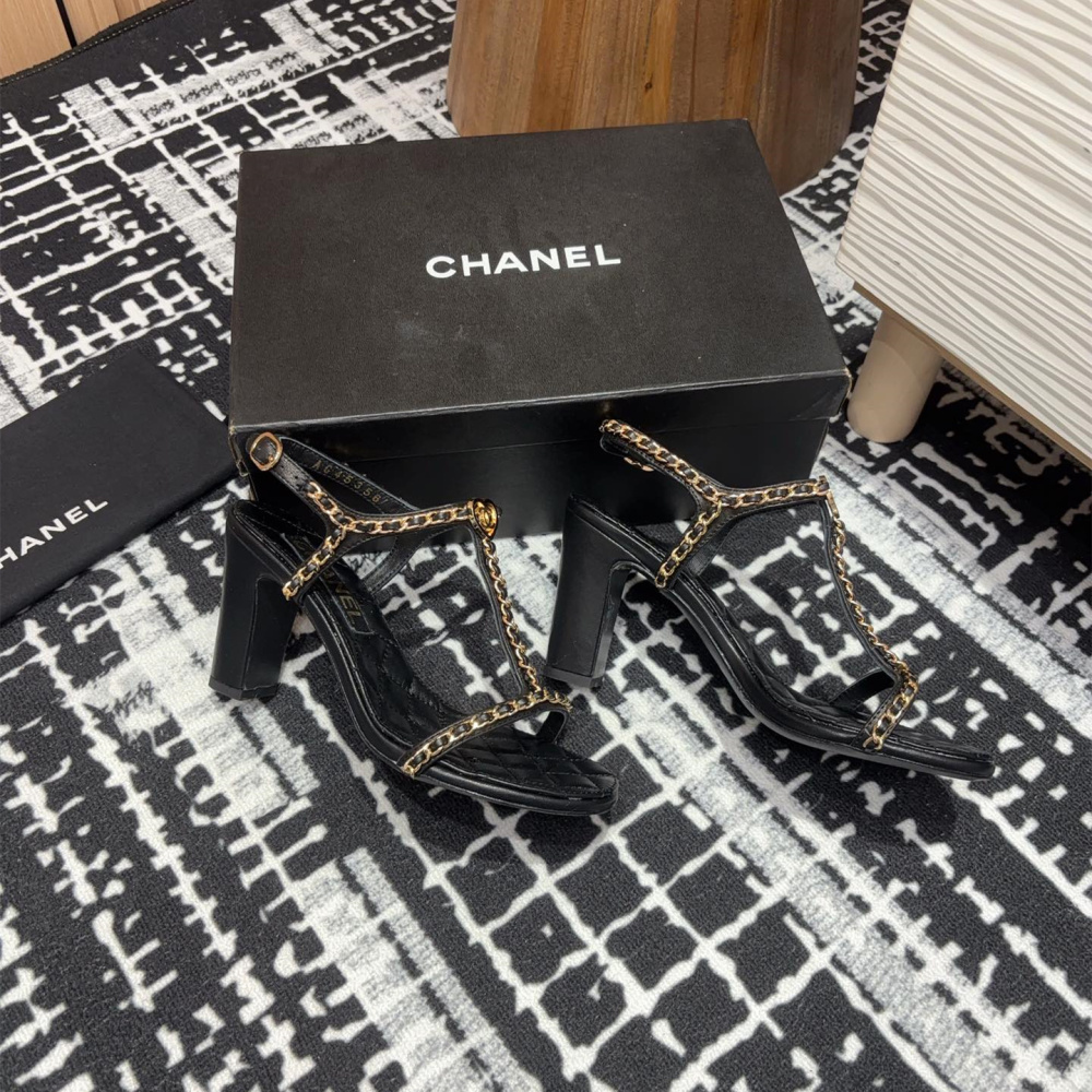 高仿Chanel*25C系列G46109X小羊皮高踭涼鞋黑色8.8CM免檢版