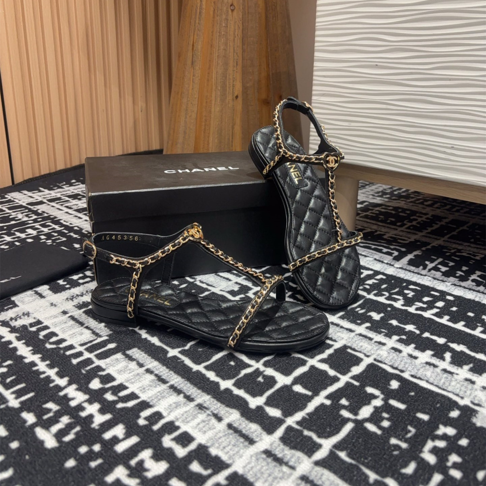 高仿Chanel*25C系列G46111X小羊皮平底涼鞋黑色5CM免檢版