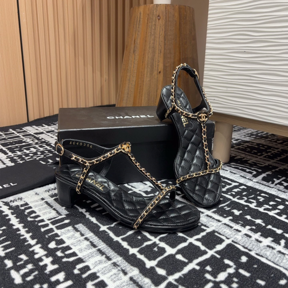 高仿Chanel*25C系列G36122X小羊皮中踭涼鞋黑色5CM免檢版