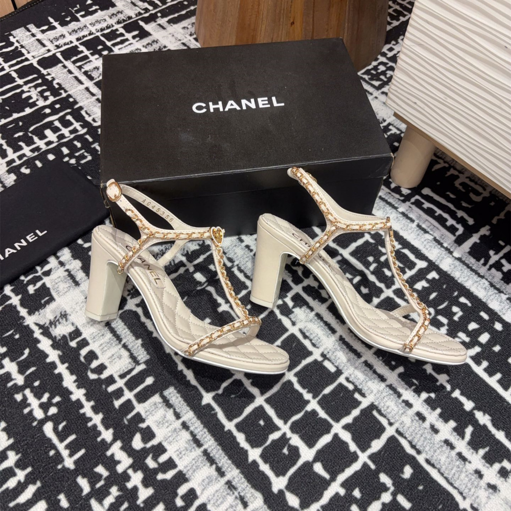 高仿Chanel*25C系列G46109C小羊皮高踭涼鞋白色8.8CM免檢版