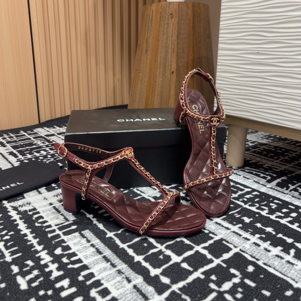 高仿Chanel*25C系列G36122A小羊皮中踭涼鞋紅色5CM免檢版