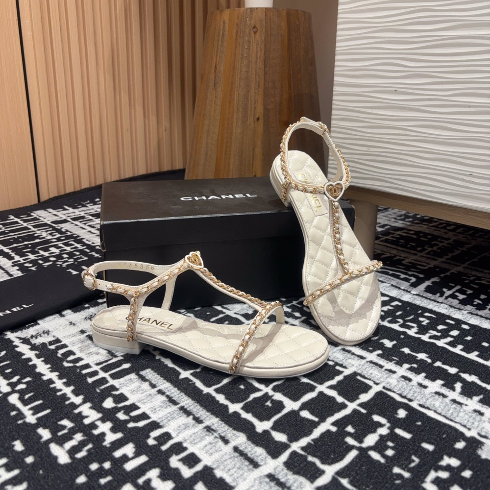 高仿Chanel*25C系列G46111C小羊皮平底涼鞋白色免檢版