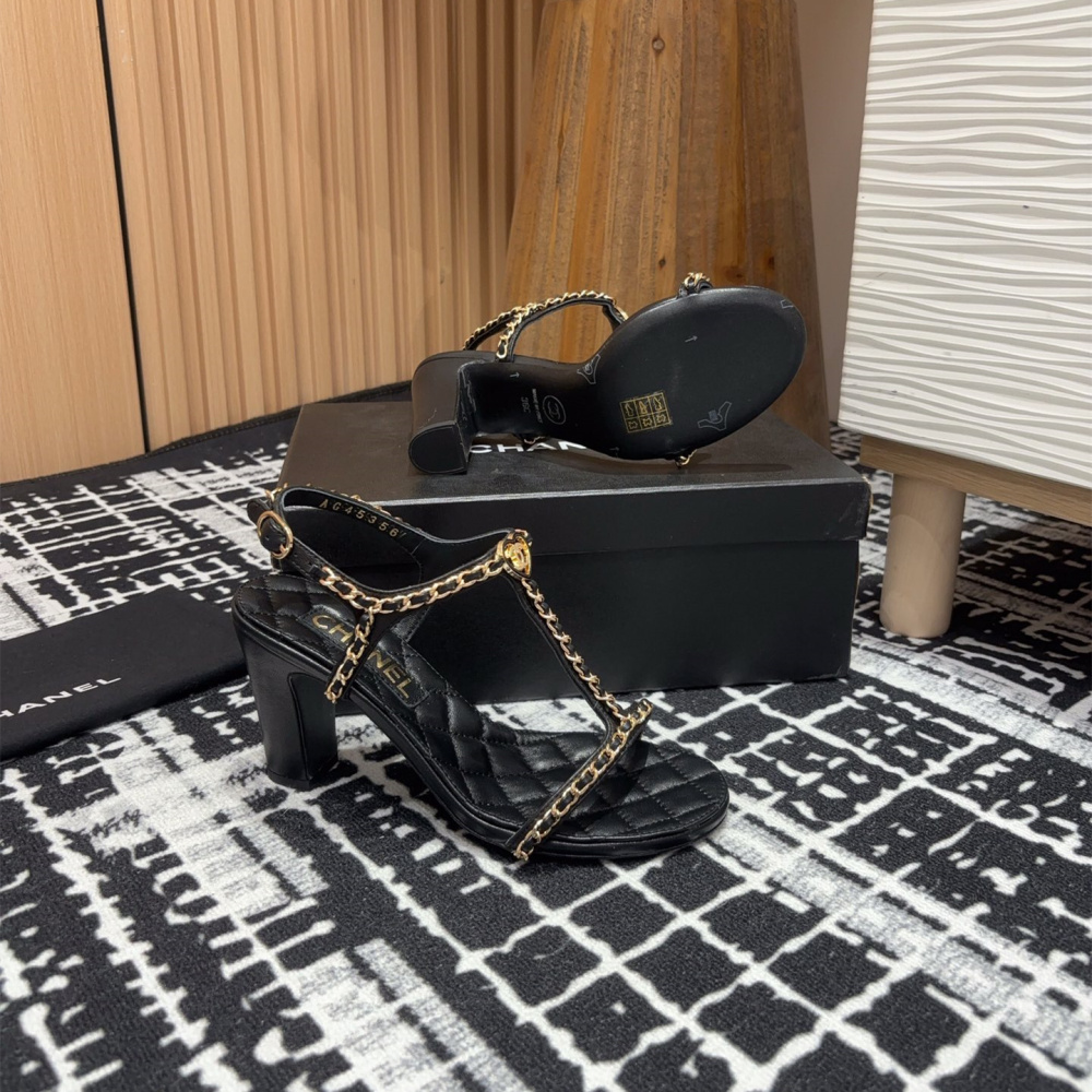 高仿Chanel*25C系列G46109X小羊皮高踭涼鞋黑色8.8CM免檢版