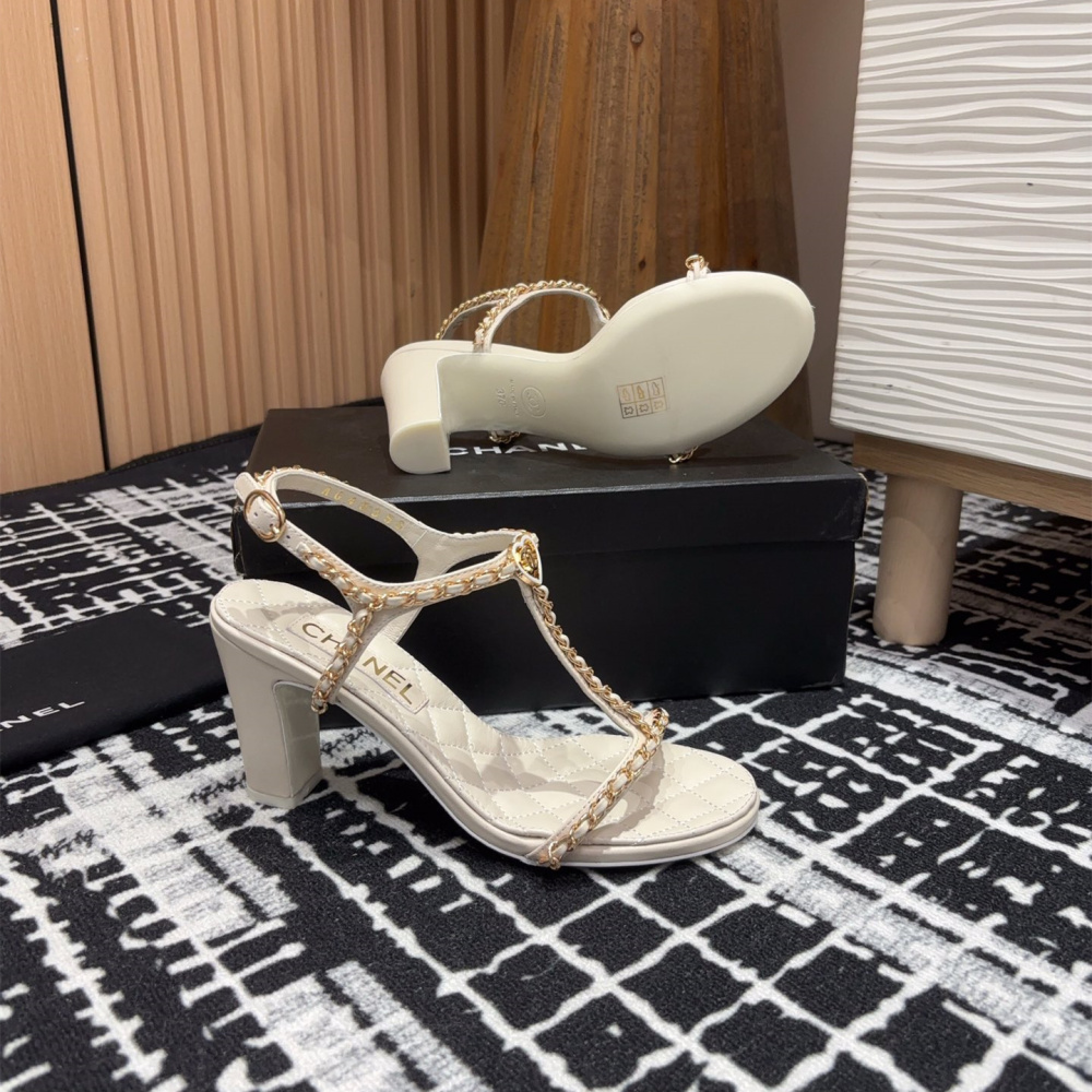 高仿Chanel*25C系列G46109C小羊皮高踭涼鞋白色8.8CM免檢版