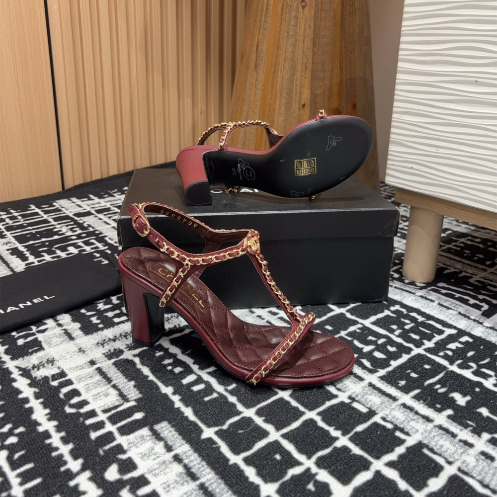 高仿Chanel*25C系列G46109A小羊皮高踭涼鞋紅色8.8CM免檢版