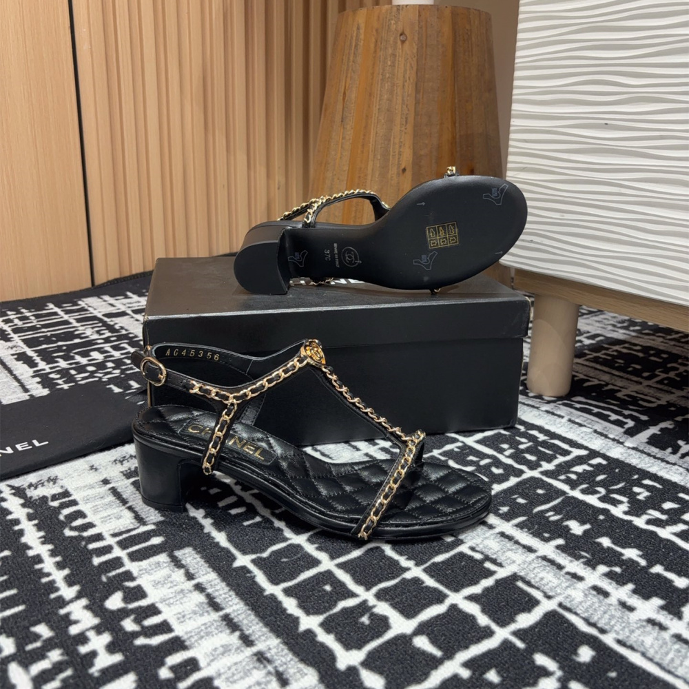 高仿Chanel*25C系列G36122X小羊皮中踭涼鞋黑色5CM免檢版