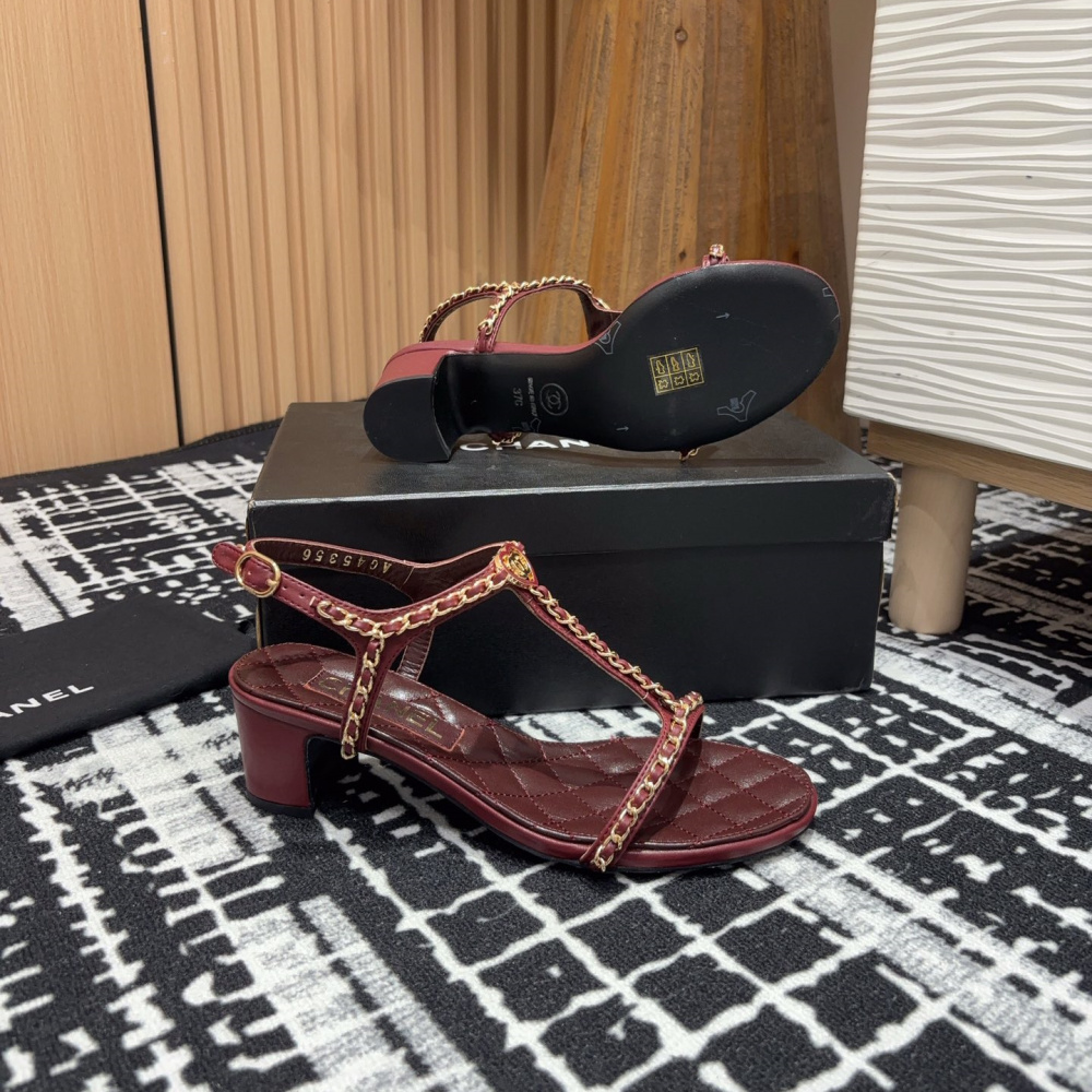 高仿Chanel*25C系列G36122A小羊皮中踭涼鞋紅色5CM免檢版