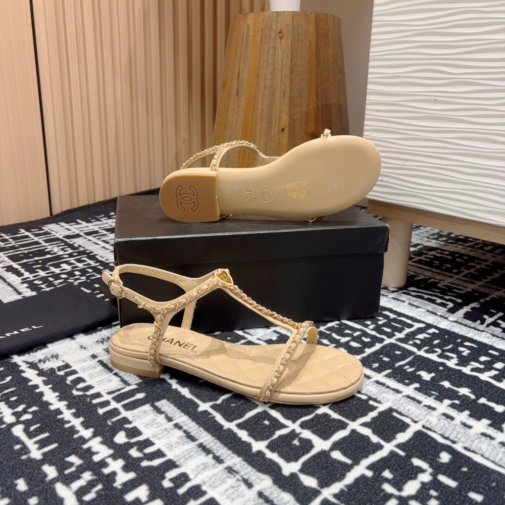 高仿Chanel*25C系列G46111B小羊皮平底涼鞋米黃免檢版