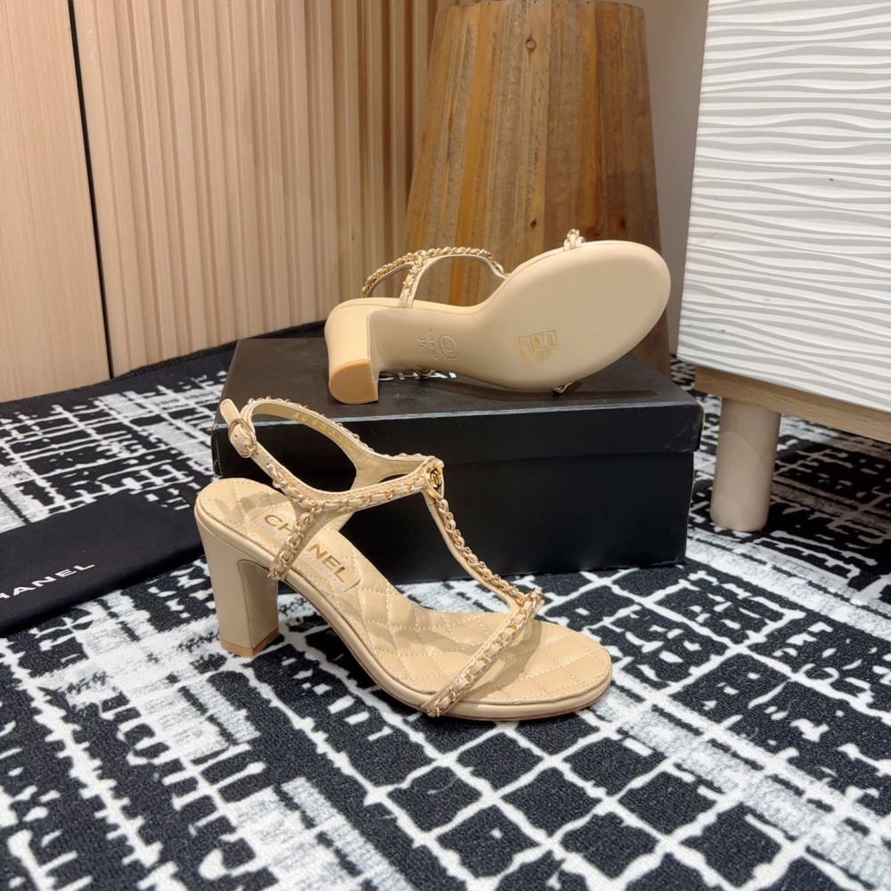 高仿Chanel*25C系列G46109B小羊皮高踭涼鞋米黃8.8CM免檢版