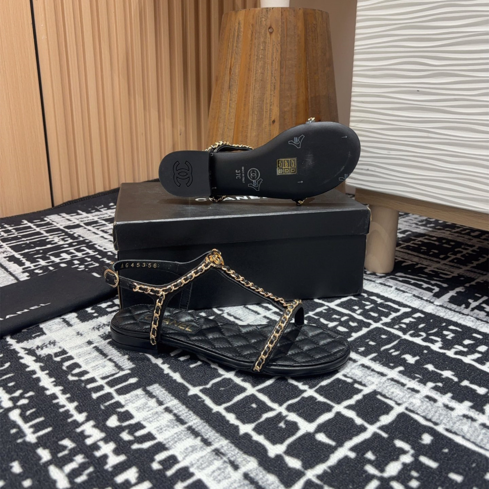 高仿Chanel*25C系列G46111X小羊皮平底涼鞋黑色5CM免檢版