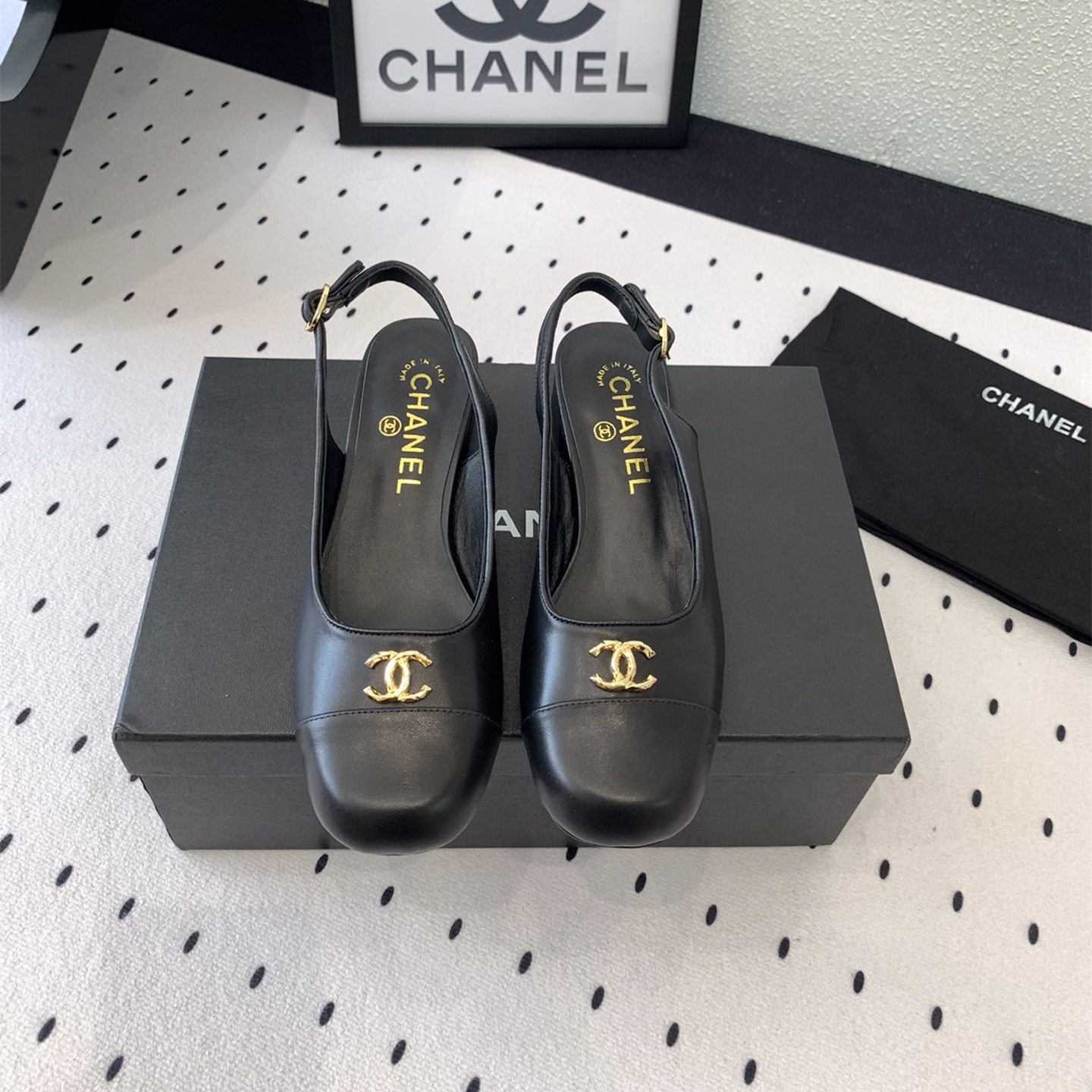 高仿Chanel*G45768B圓頭露跟單鞋小牛皮黑色3.5CM免檢版