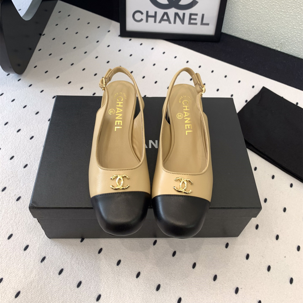 高仿Chanel*G45768D圓頭露跟單鞋小牛皮黃色3.5CM免檢版
