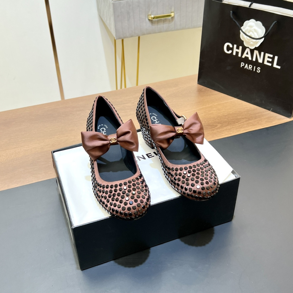 高仿Chanel*G45749D緞子水鑽圓頭單鞋玫瑰金4.5CM免檢版