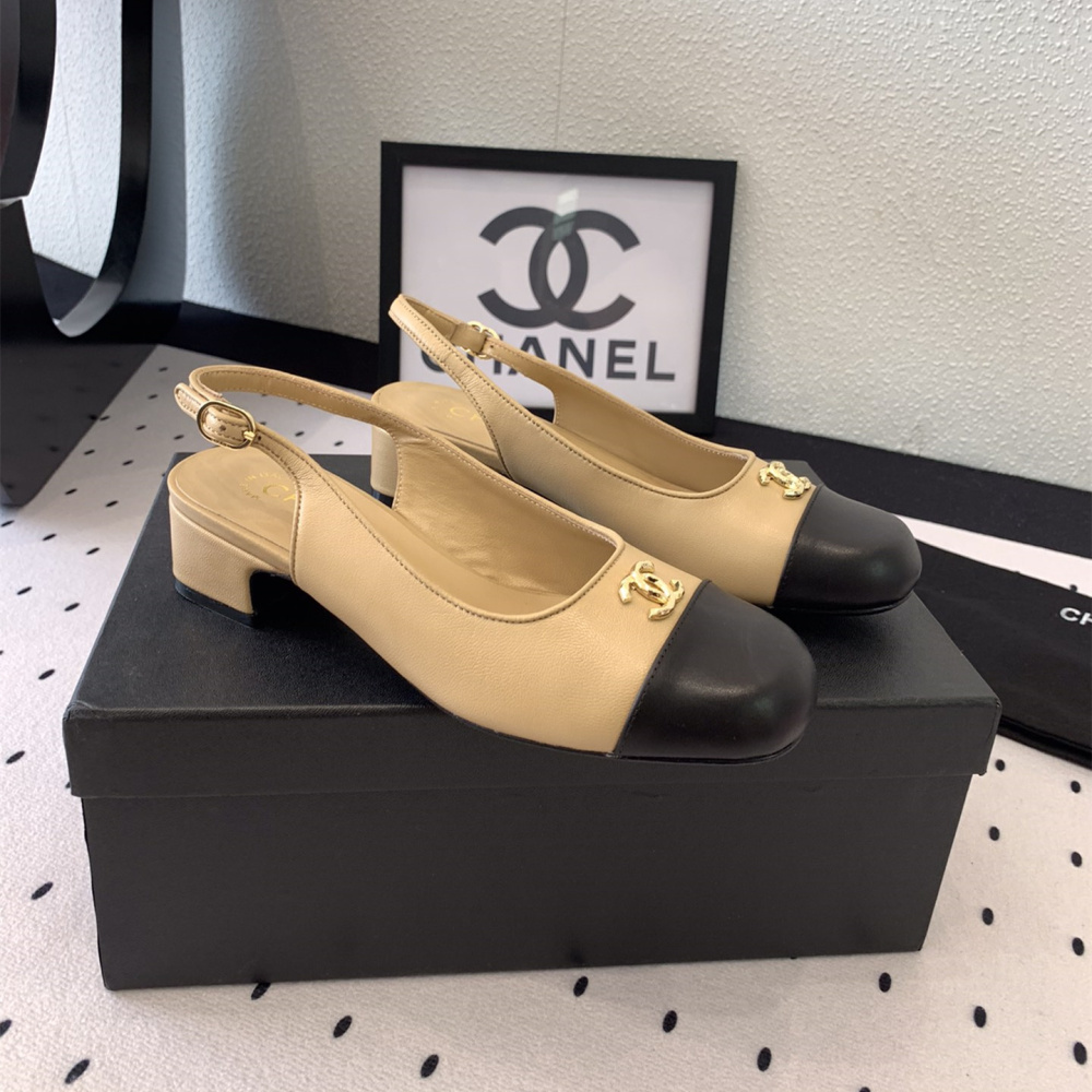 高仿Chanel*G45768D圓頭露跟單鞋小牛皮黃色3.5CM免檢版