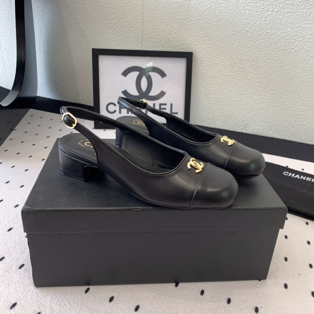 高仿Chanel*G45768B圓頭露跟單鞋小牛皮黑色3.5CM免檢版