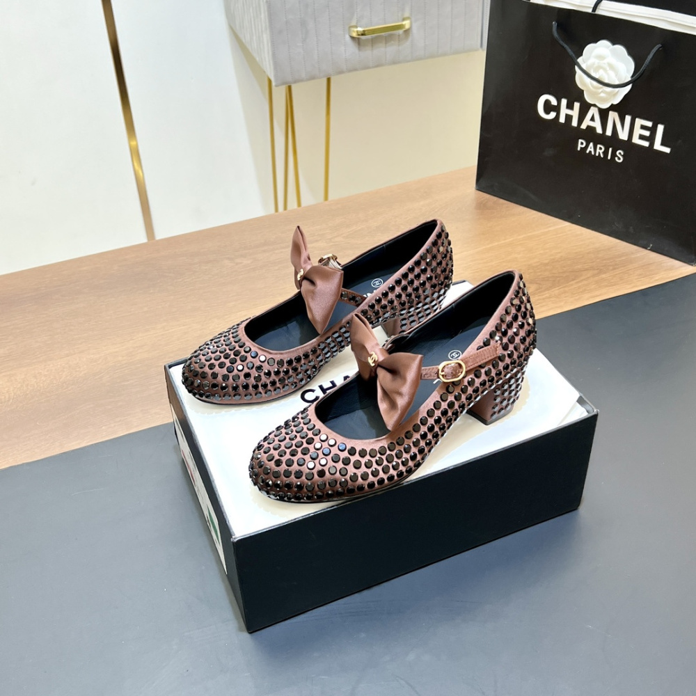高仿Chanel*G45749D緞子水鑽圓頭單鞋玫瑰金4.5CM免檢版