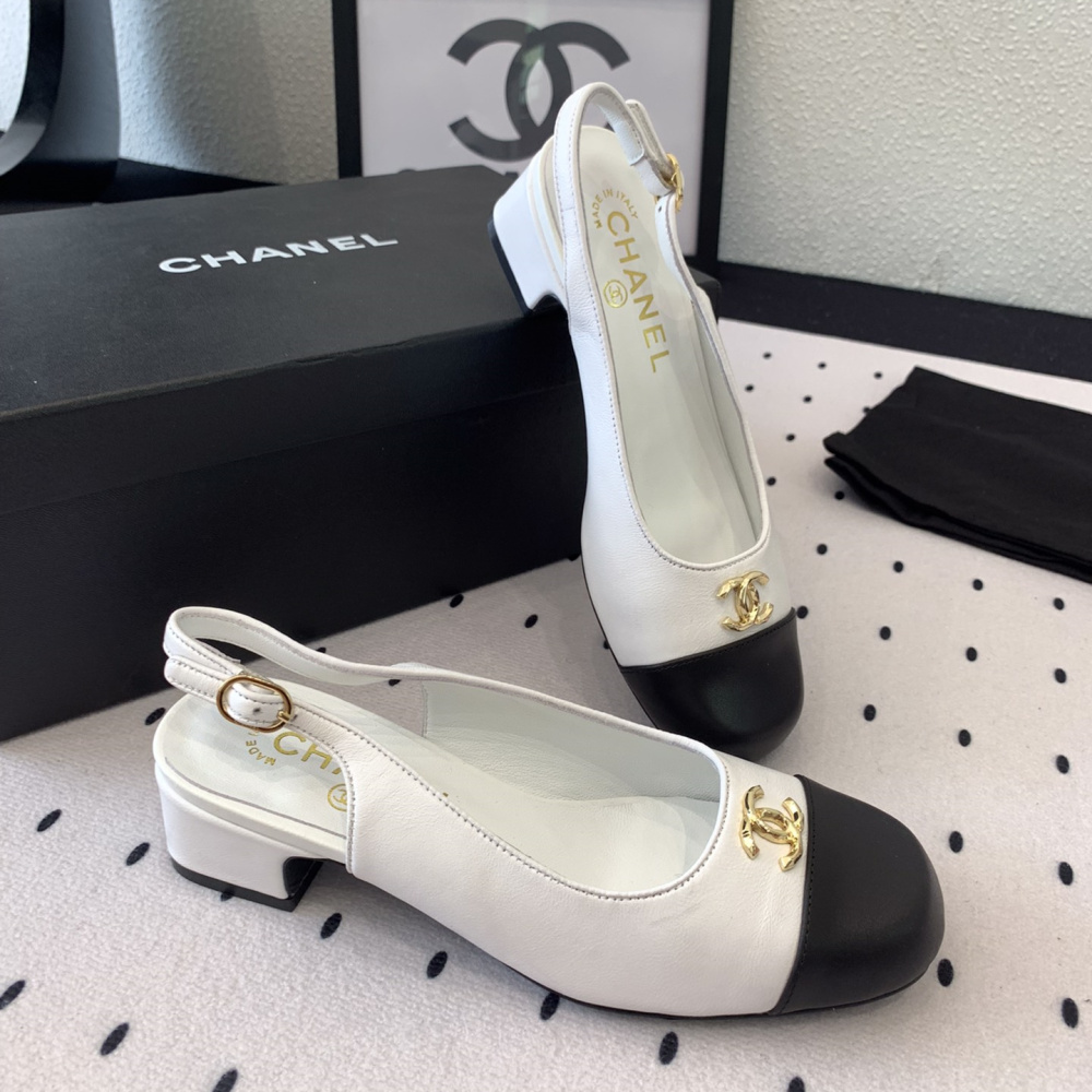 高仿Chanel*G45768C圓頭露跟單鞋小牛皮白色3.5CM免檢版
