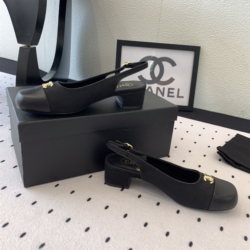 高仿Chanel*G45768A圓頭露跟單鞋織物黑色3.5CM免檢版