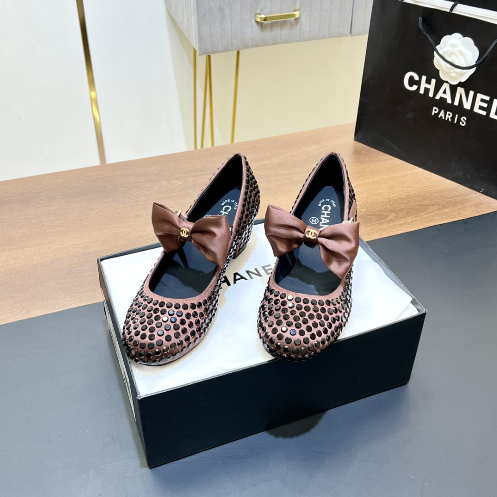 高仿Chanel*G45749D緞子水鑽圓頭單鞋玫瑰金4.5CM免檢版
