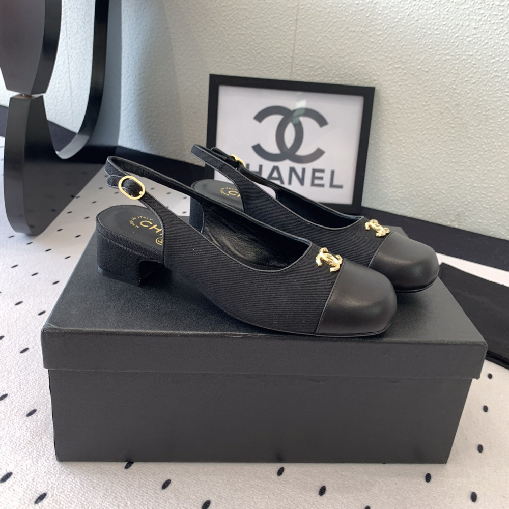 高仿Chanel*G45768A圓頭露跟單鞋織物黑色3.5CM免檢版