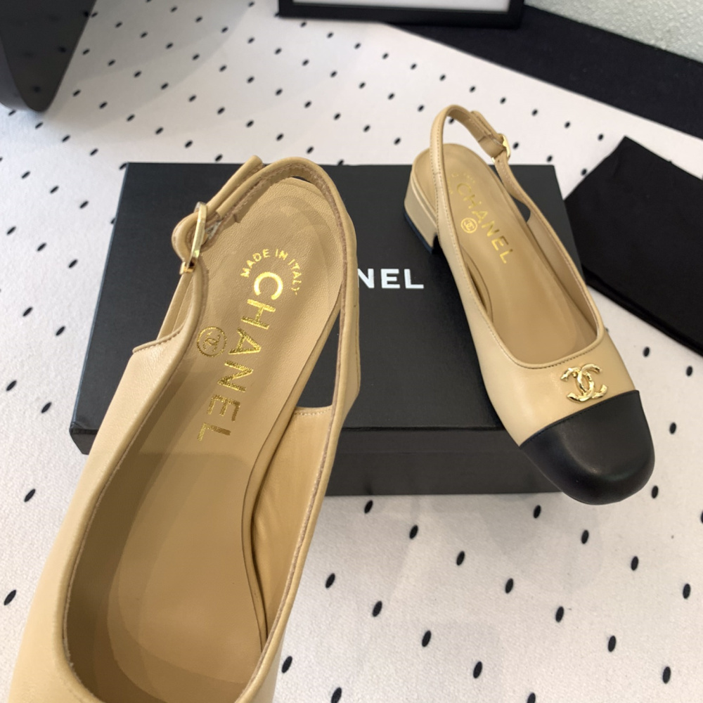 高仿Chanel*G45768D圓頭露跟單鞋小牛皮黃色3.5CM免檢版