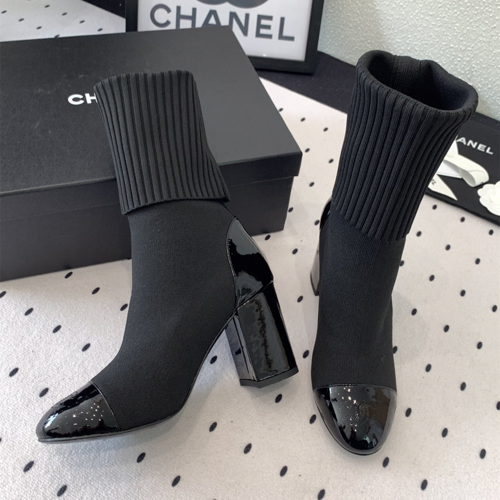 高仿Chanel*G40134Z漆皮織物套筒短靴黑色8CM免檢版
