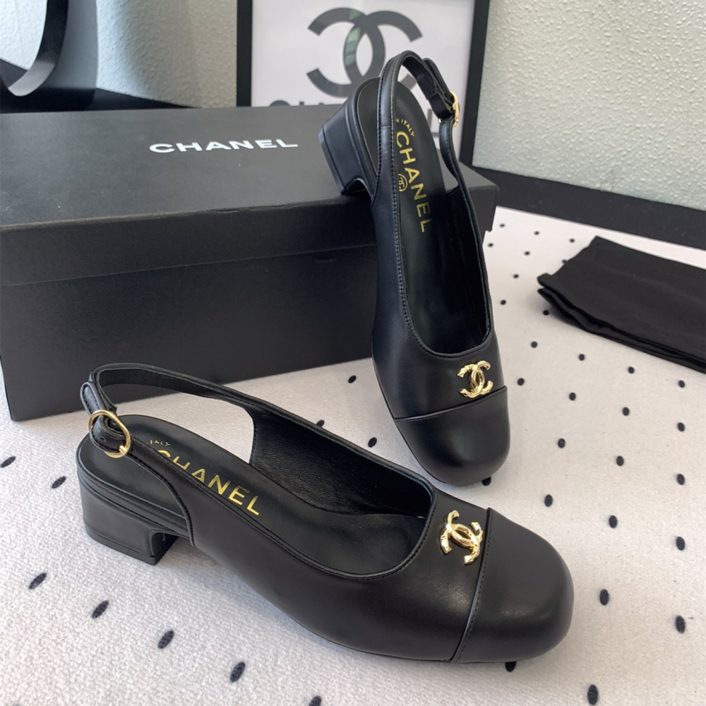 高仿Chanel*G45768B圓頭露跟單鞋小牛皮黑色3.5CM免檢版