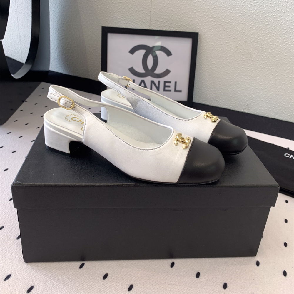 高仿Chanel*G45768C圓頭露跟單鞋小牛皮白色3.5CM免檢版
