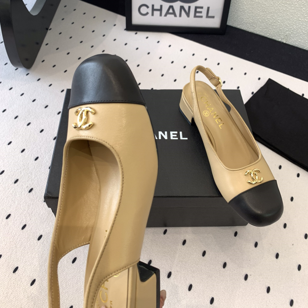 高仿Chanel*G45768D圓頭露跟單鞋小牛皮黃色3.5CM免檢版