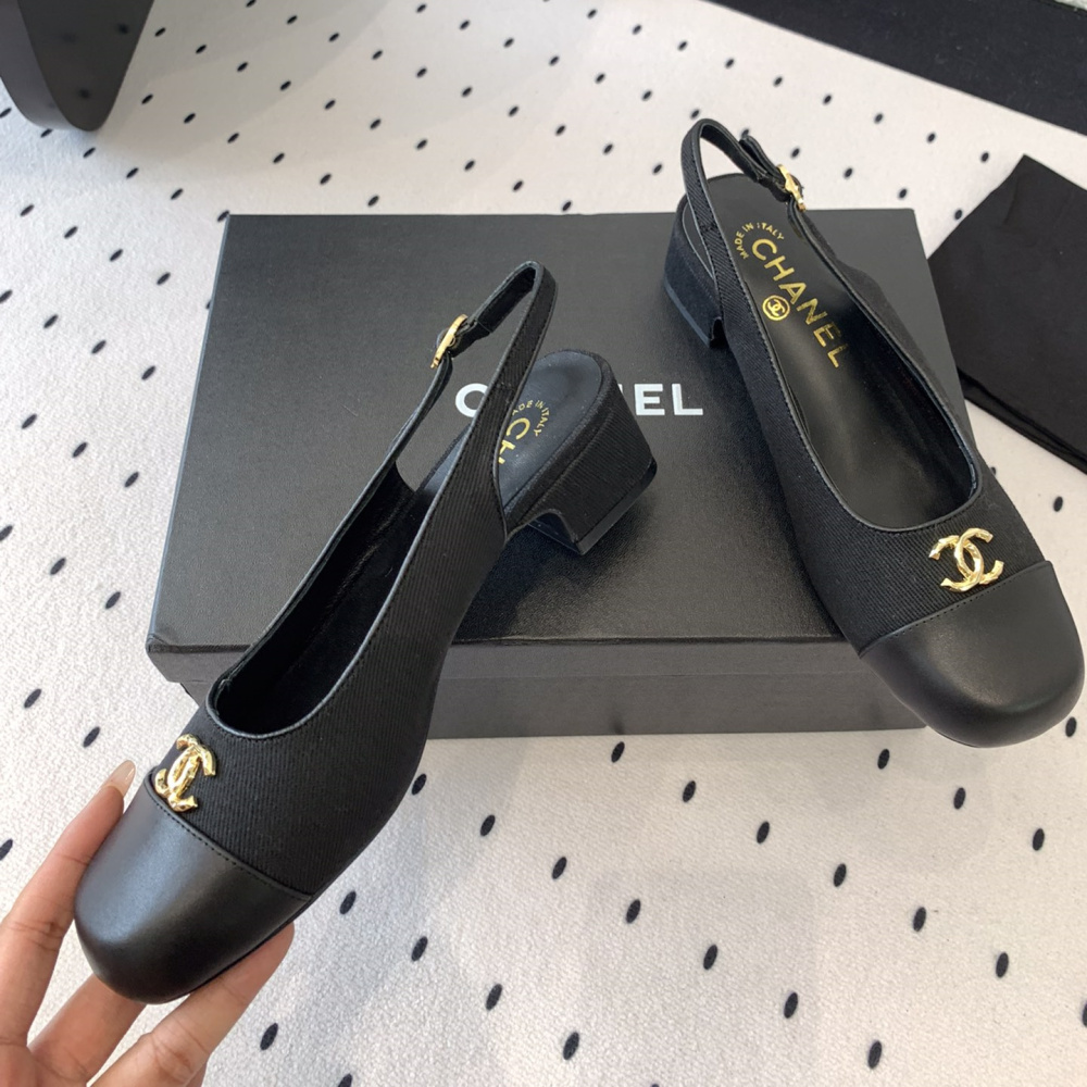 高仿Chanel*G45768A圓頭露跟單鞋織物黑色3.5CM免檢版