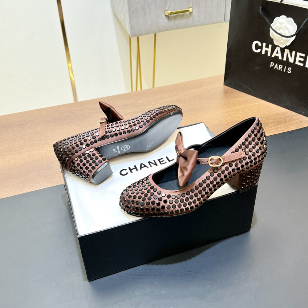 高仿Chanel*G45749D緞子水鑽圓頭單鞋玫瑰金4.5CM免檢版