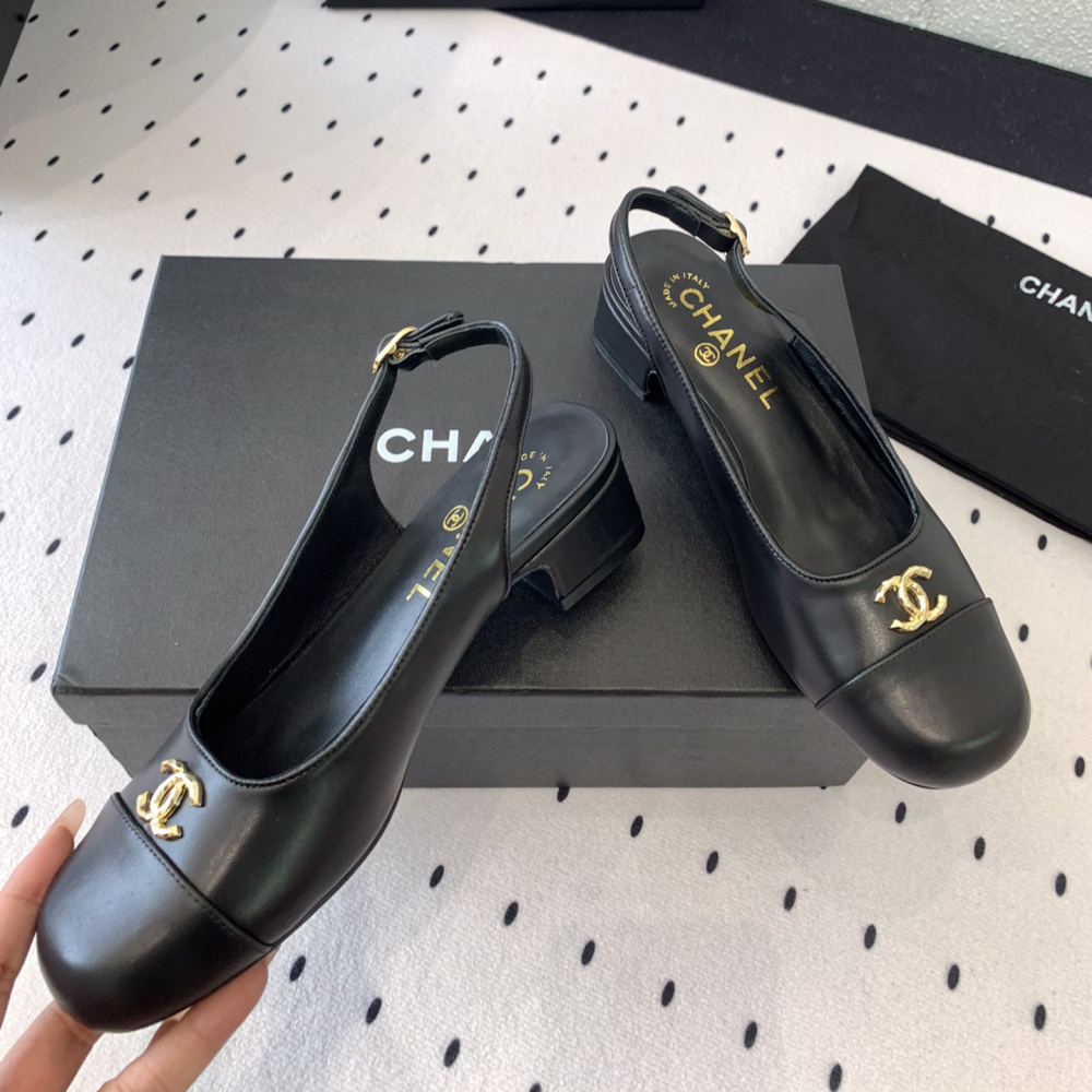 高仿Chanel*G45768B圓頭露跟單鞋小牛皮黑色3.5CM免檢版