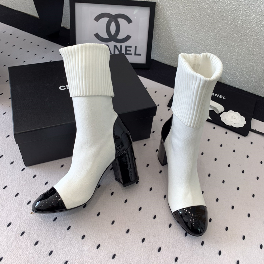 高仿Chanel*G40134Y漆皮織物套筒短靴白色8CM免檢版