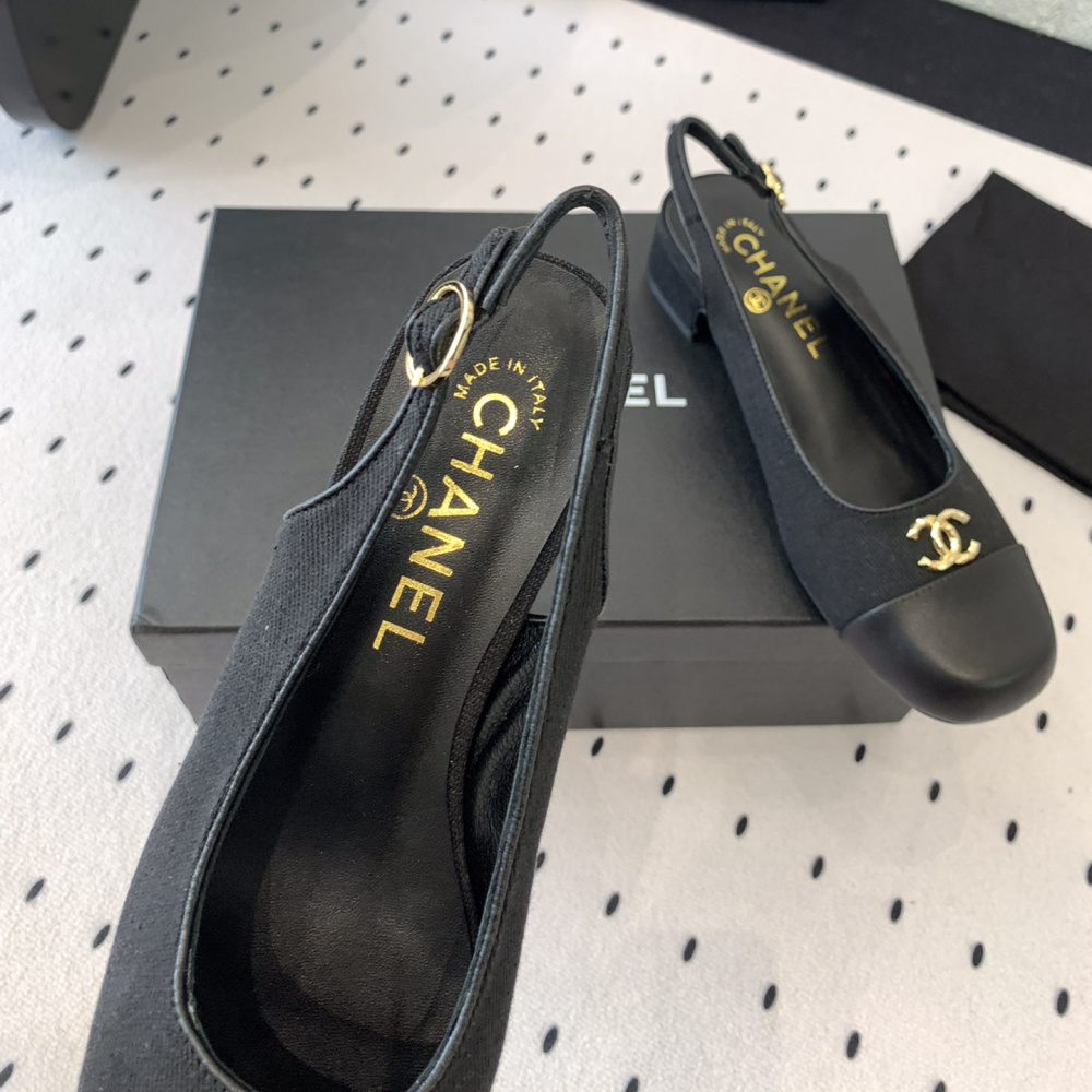高仿Chanel*G45768A圓頭露跟單鞋織物黑色3.5CM免檢版