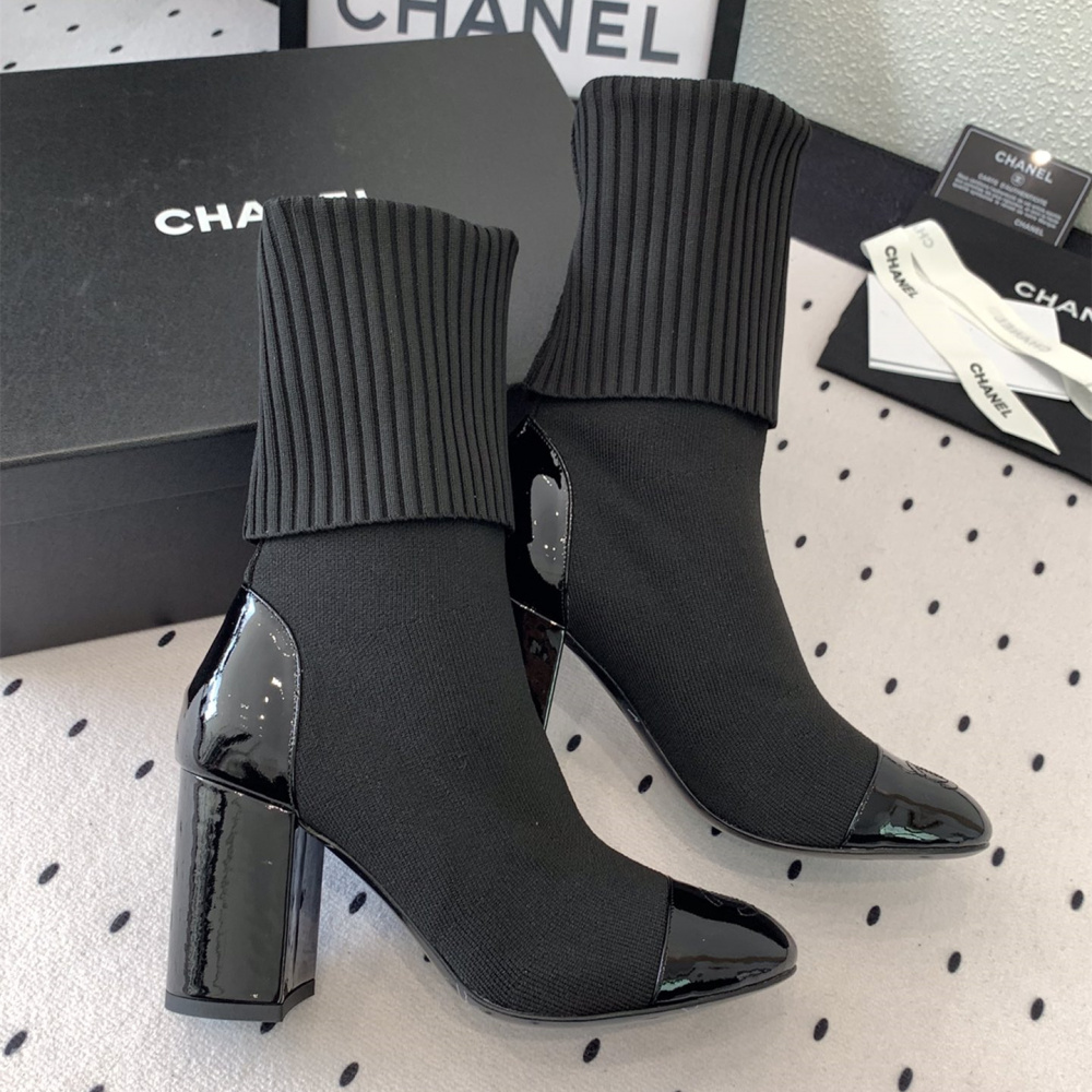 高仿Chanel*G40134Z漆皮織物套筒短靴黑色8CM免檢版