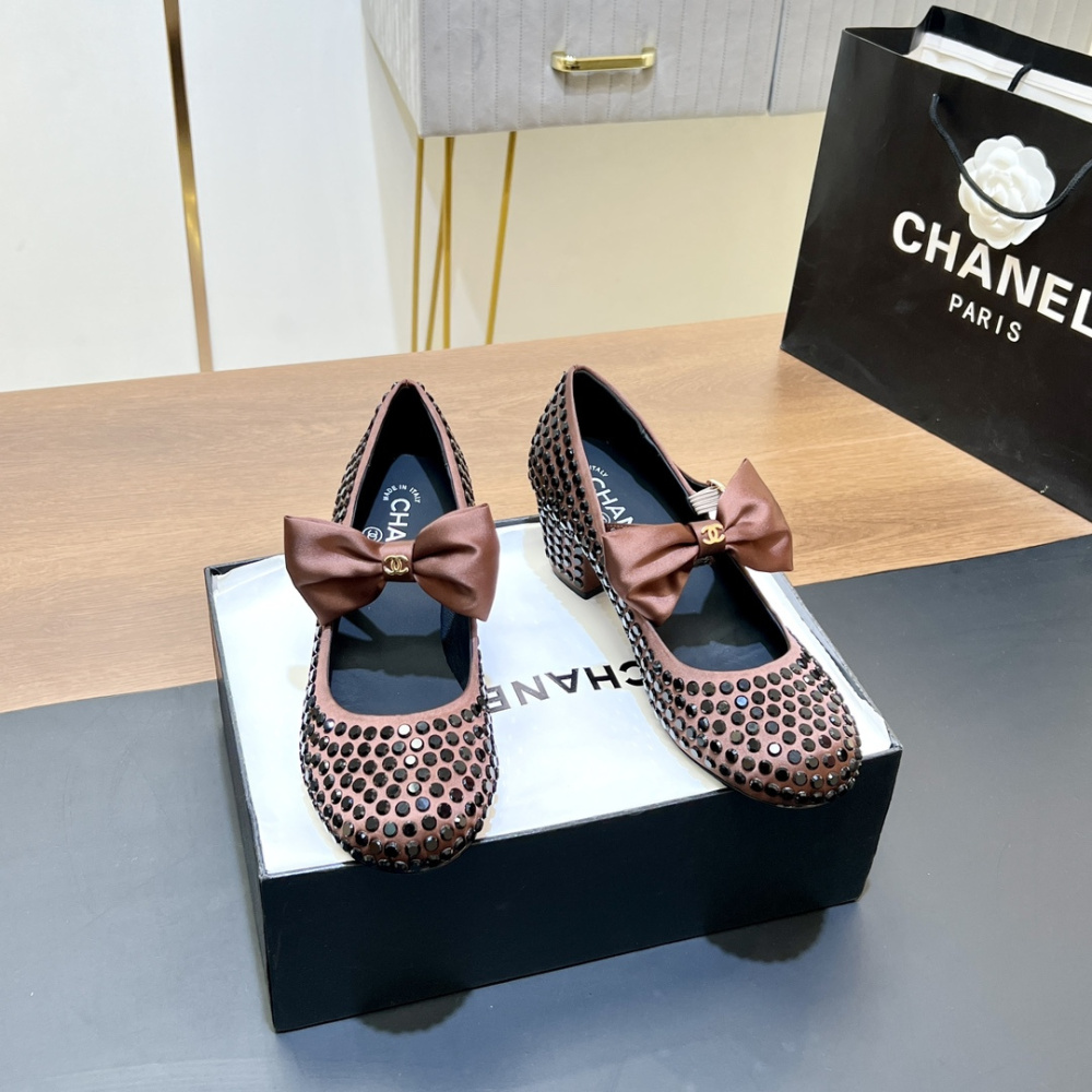 高仿Chanel*G45749D緞子水鑽圓頭單鞋玫瑰金4.5CM免檢版