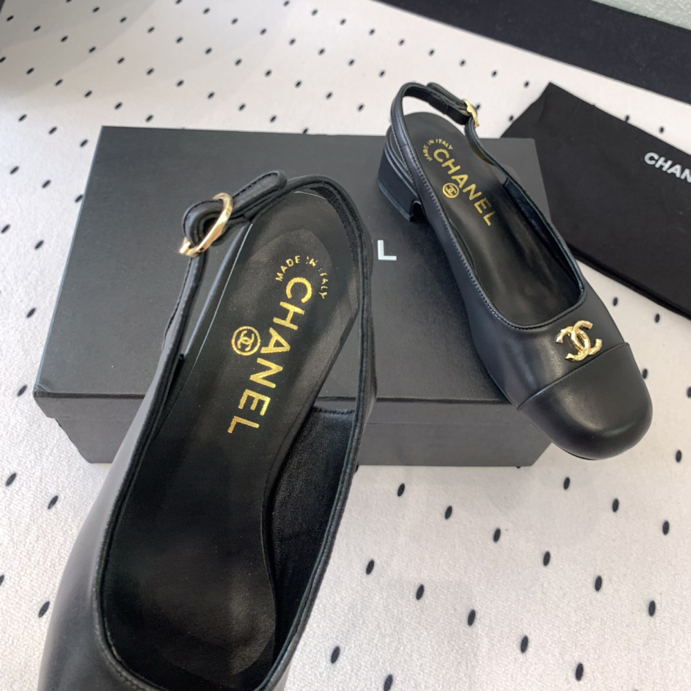 高仿Chanel*G45768B圓頭露跟單鞋小牛皮黑色3.5CM免檢版