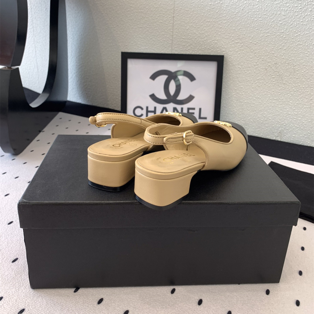 高仿Chanel*G45768D圓頭露跟單鞋小牛皮黃色3.5CM免檢版