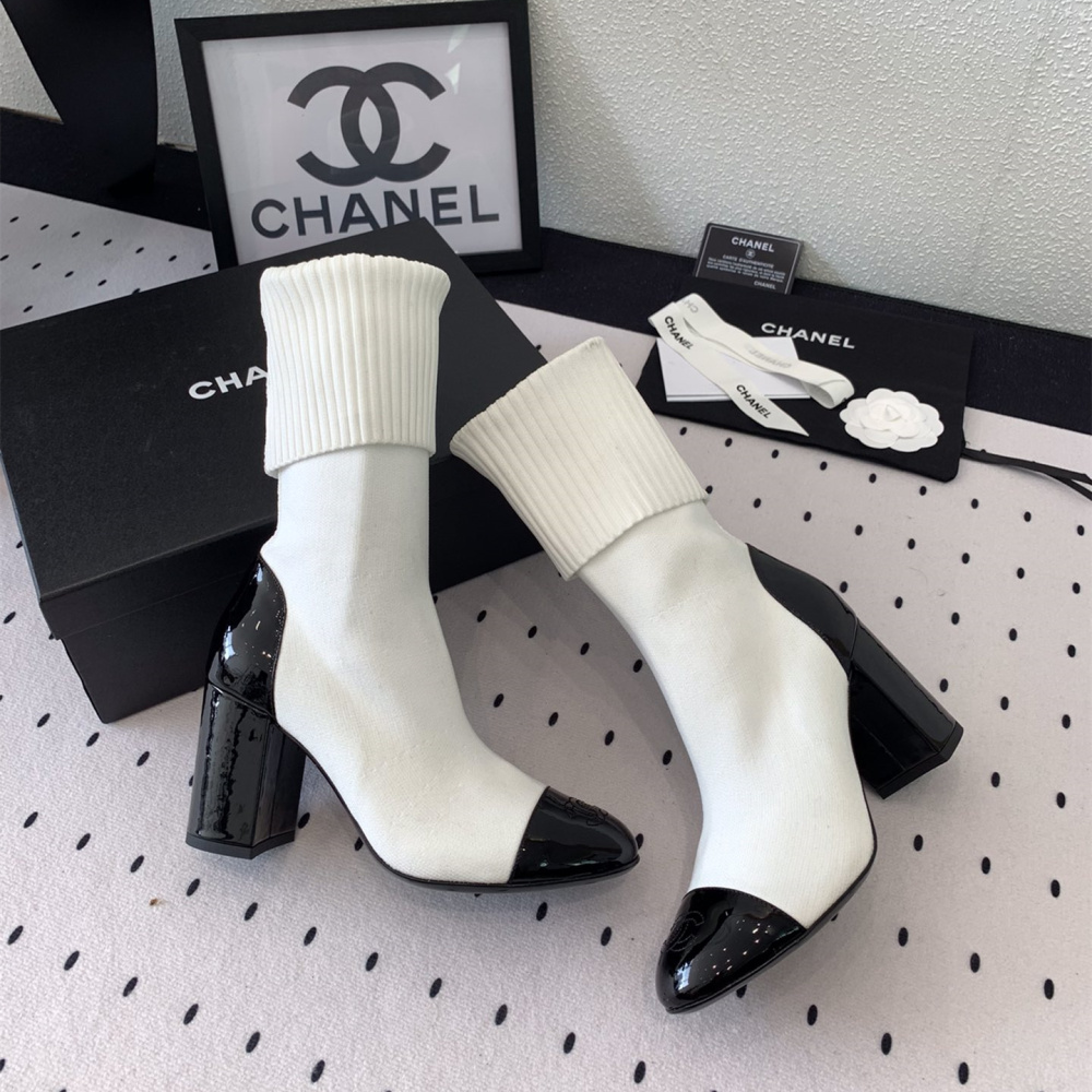 高仿Chanel*G40134Y漆皮織物套筒短靴白色8CM免檢版