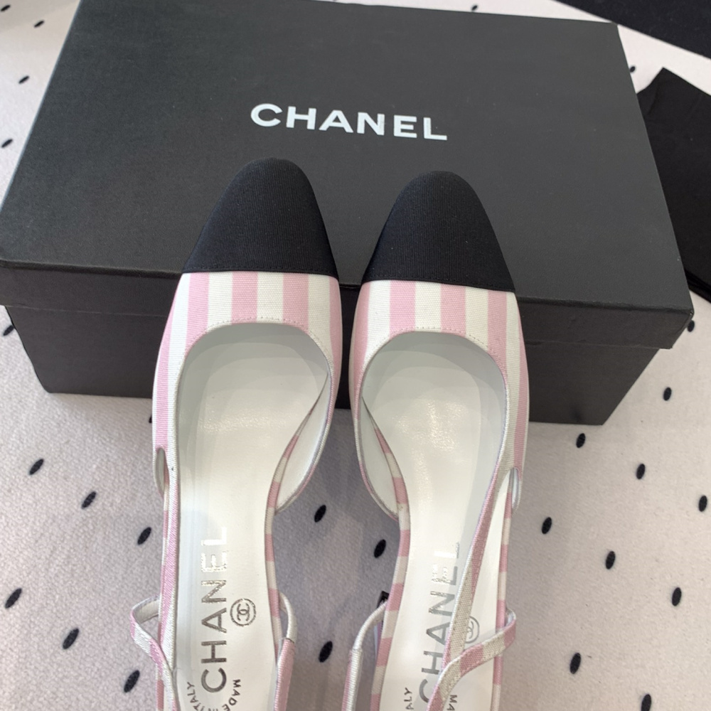高仿Chanel*G31320A套腳露跟休閒單鞋粉色5.5CM免檢版
