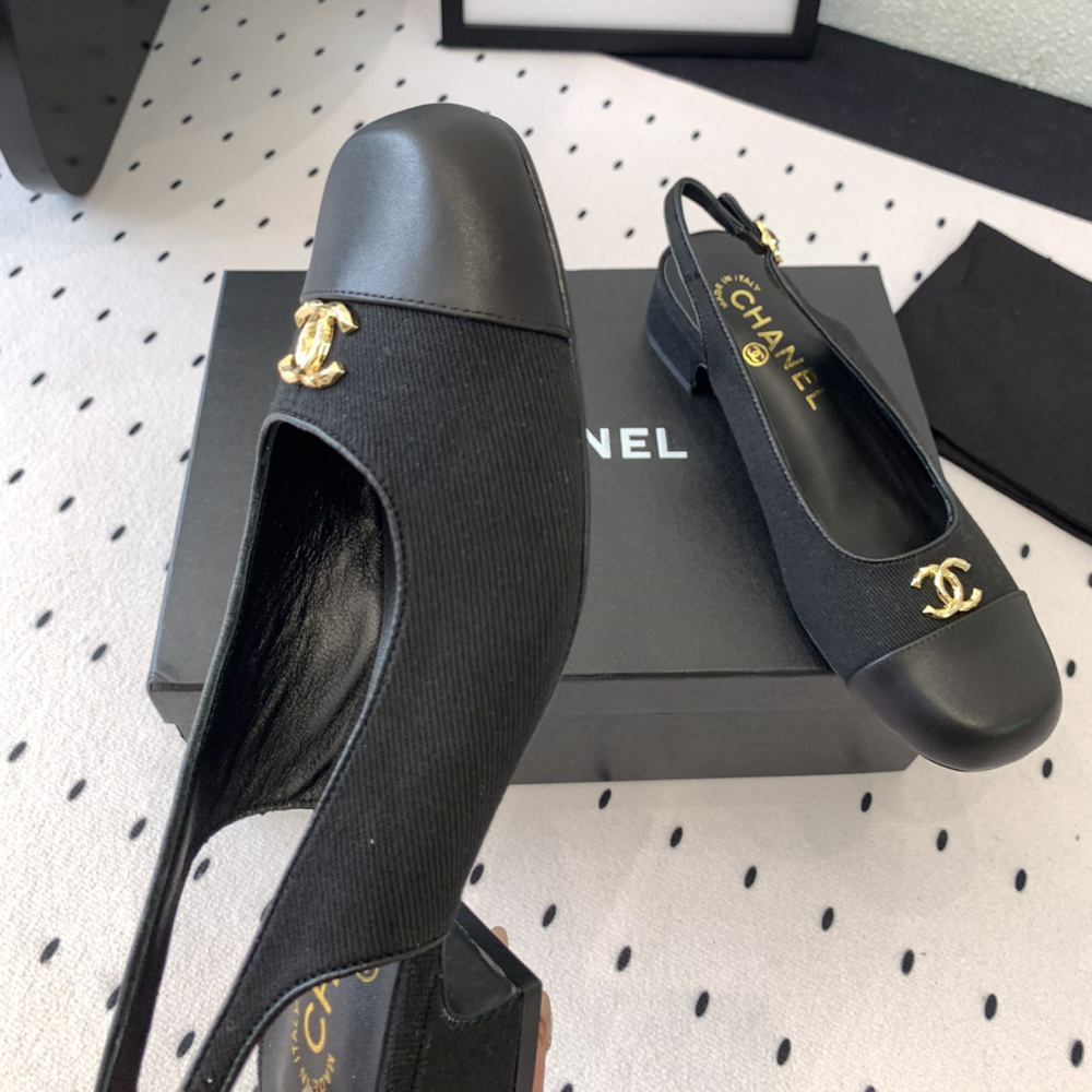 高仿Chanel*G45768A圓頭露跟單鞋織物黑色3.5CM免檢版